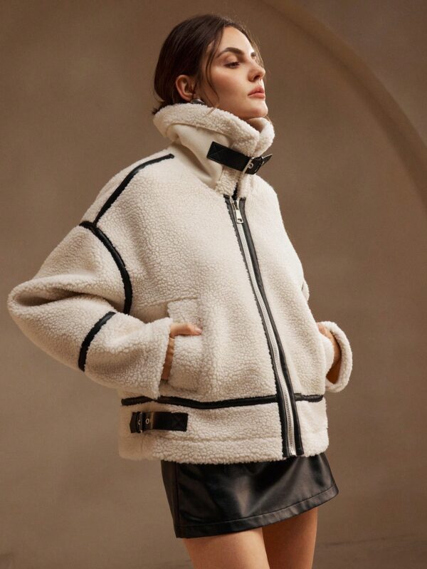 Women Oversized Fleece Short Jacket Winter Leather Patchwork Loose Coat