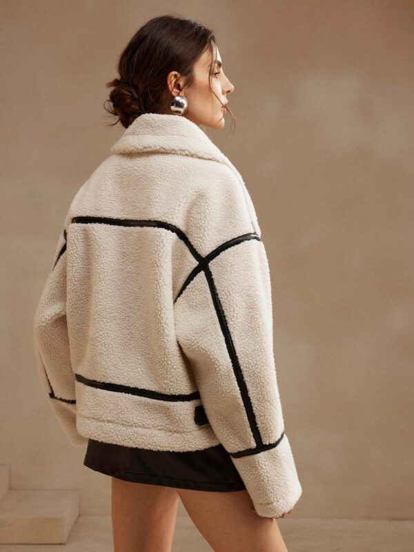 Women Oversized Fleece Short Jacket Winter Leather Patchwork Loose Coat