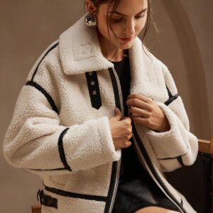 Women Oversized Fleece Short Jacket Winter Leather Patchwork Loose Coat