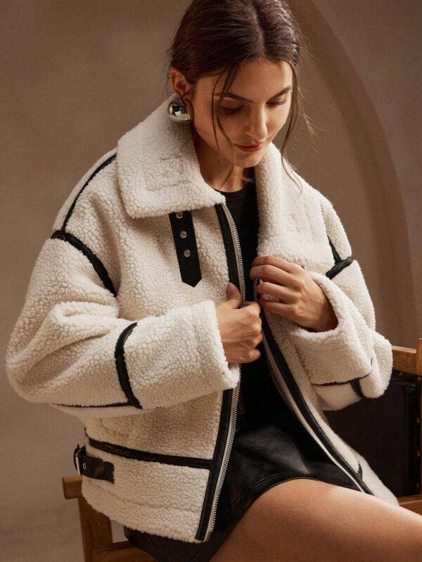 Women Oversized Fleece Short Jacket Winter Leather Patchwork Loose Coat