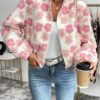 SHEIN LUNE Womens Elegant Casual Commuting Floral Sherpa Zip Front Stand Collar Pocket Textured Fabric Warm Jacket For Fall Winter main 0