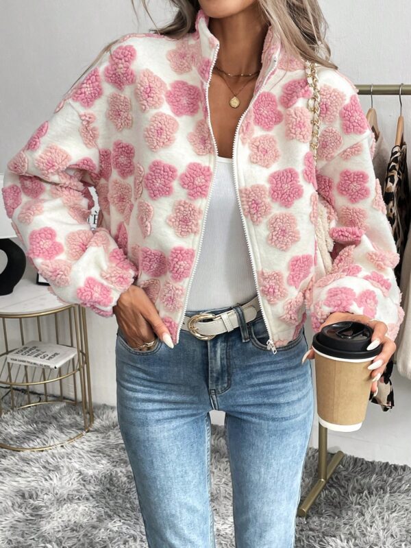 Women Floral Bomber Jacket Zip Front Stand Collar Warm Jacket for Fall Winter