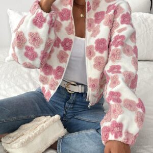 Women Floral Bomber Jacket Zip Front Stand Collar Warm Jacket for Fall Winter