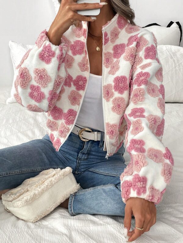 Women Floral Bomber Jacket Zip Front Stand Collar Warm Jacket for Fall Winter
