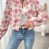SHEIN LUNE Womens Elegant Casual Commuting Floral Sherpa Zip Front Stand Collar Pocket Textured Fabric Warm Jacket For Fall Winter main 3