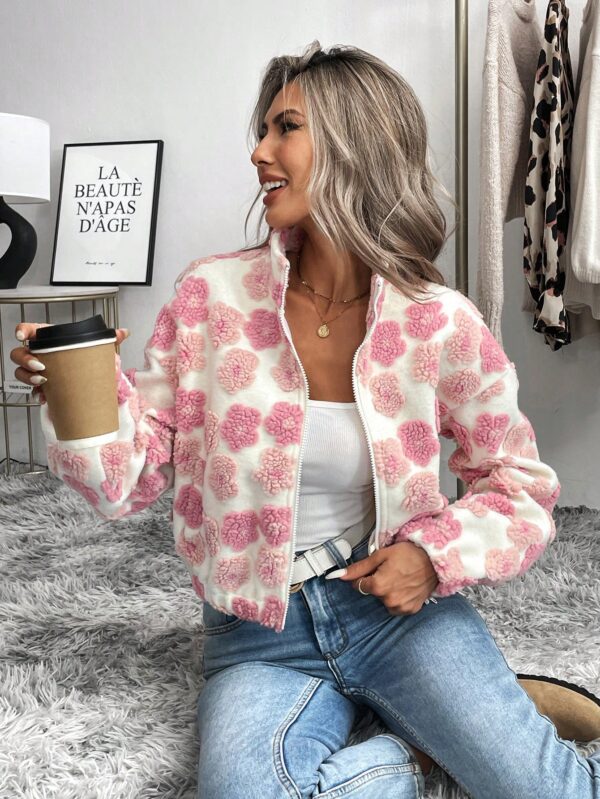 Women Floral Bomber Jacket Zip Front Stand Collar Warm Jacket for Fall Winter