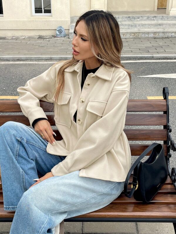 Women Flap Pocket High Low Hem Overcoat Jacket