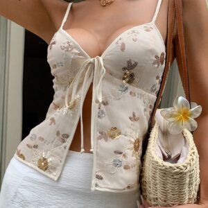 Women Apricot Sequin Embroidered Camisole Tank Top Boho Festival Rave Ibiza Asymmetrical Hem Crop Top