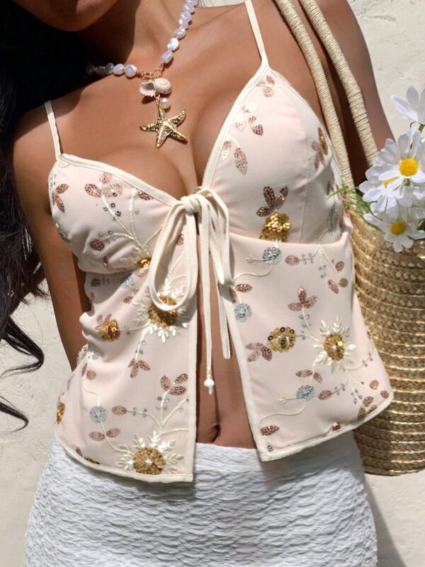 Women Apricot Sequin Embroidered Camisole Tank Top Boho Festival Rave Ibiza Asymmetrical Hem Crop Top
