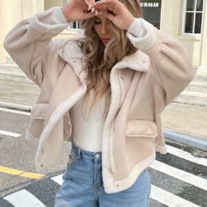 Women Apricot Suedette Zip-Up Thermal Lined Jacket Loose Fit Fall Winter Coat