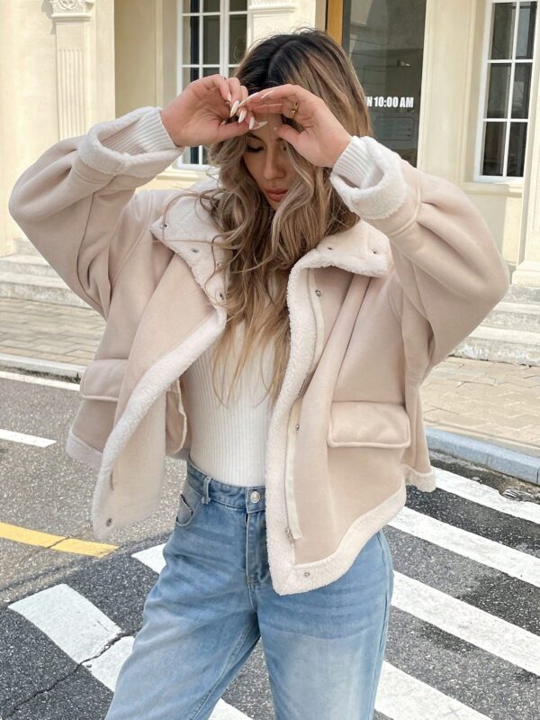 Women Apricot Suedette Zip-Up Thermal Lined Jacket Loose Fit Fall Winter Coat