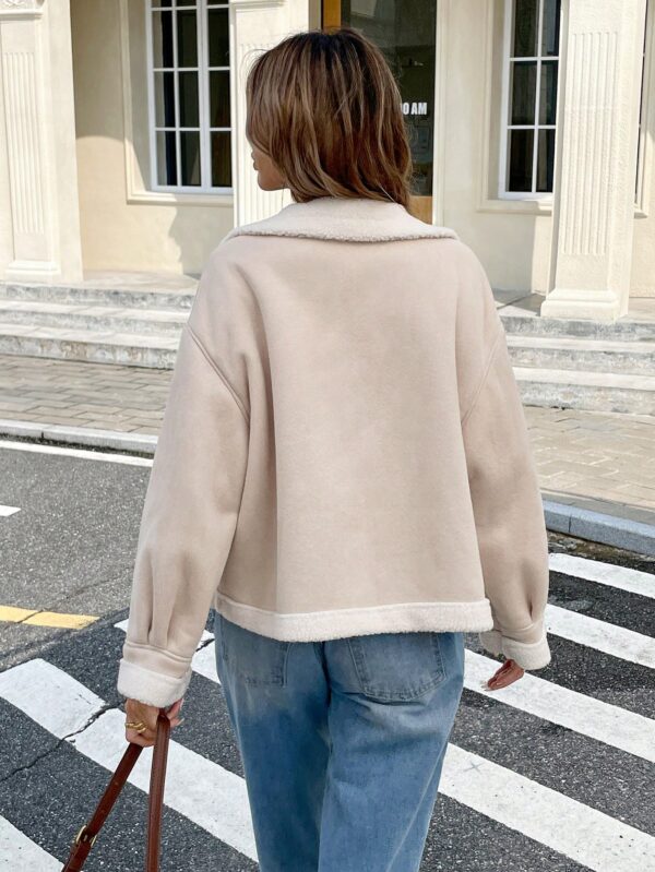 Women Apricot Suedette Zip-Up Thermal Lined Jacket Loose Fit Fall Winter Coat