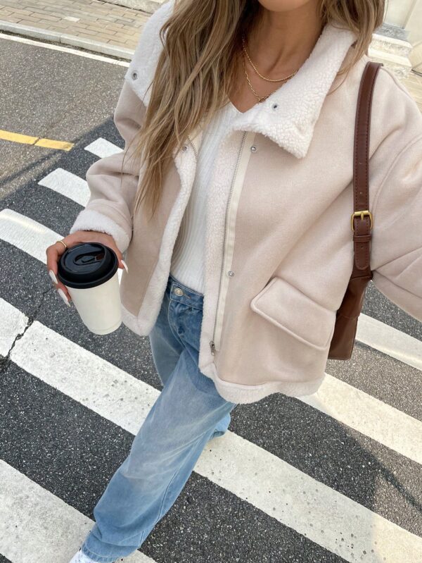 Women Apricot Suedette Zip-Up Thermal Lined Jacket Loose Fit Fall Winter Coat