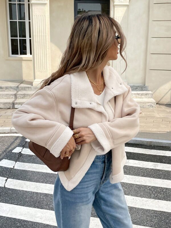 Women Apricot Suedette Zip-Up Thermal Lined Jacket Loose Fit Fall Winter Coat