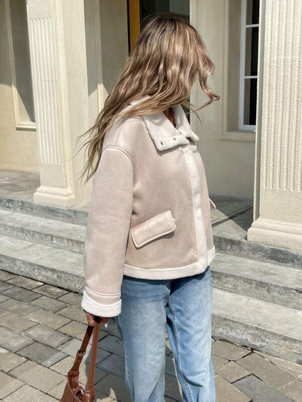 Women Apricot Suedette Zip-Up Thermal Lined Jacket Loose Fit Fall Winter Coat
