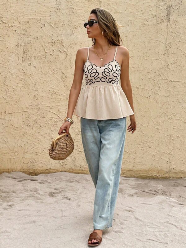 Women Boho Shirred Cami Top Multicolor Embroidery Flared Hem Spaghetti Strap