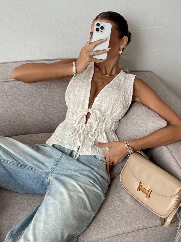 Women Apricot V-Neck Ruffle Hem Tank Top Fall Casual Front Tie Crop