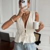 Serisse Womens Casual Elegant Solid Color V Neck Textured Front Tie Ruffle Hem Sleeveless Top For Autumn Womens Fall Front Tie Long Sleeve Cropped Casual Blouse Teacher Clothes Fall Outfits Fall Wedding (4)