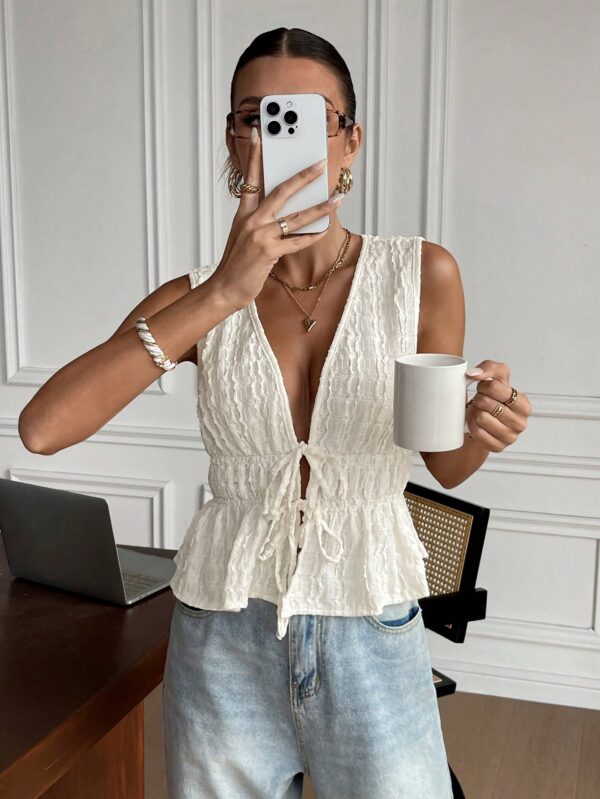 Women Apricot V-Neck Ruffle Hem Tank Top Fall Casual Front Tie Crop