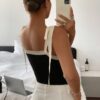 Serisse Womens Solid Color Patchwork Wide Strap Tie Up Casual BlouseWomen Contrast Color Tie Front Tank TopBlack TopFrench Clashing Bowknot Black Square Neck TopWomen CostumesTight Top.Contrast Trim Tan (1)