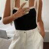 Serisse Womens Solid Color Patchwork Wide Strap Tie Up Casual BlouseWomen Contrast Color Tie Front Tank TopBlack TopFrench Clashing Bowknot Black Square Neck TopWomen CostumesTight Top.Contrast Trim Tan (2)