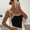 Women Black Contrast Binding Color block Slim Fit Tank Top with Knot Detail