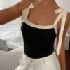 Women Black Contrast Binding Color block Slim Fit Tank Top with Knot Detail