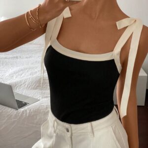 Women Black Contrast Binding Color block Slim Fit Tank Top with Knot Detail