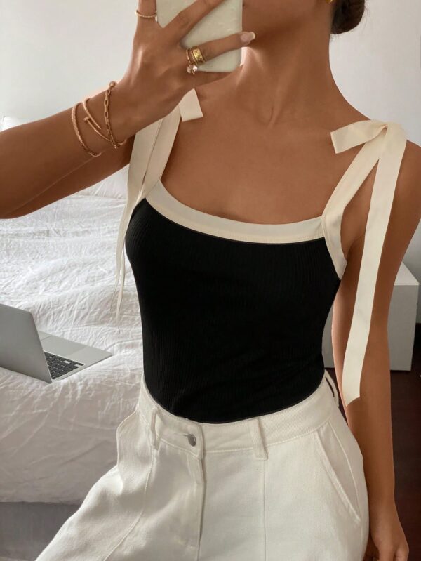 Women Black Contrast Binding Color block Slim Fit Tank Top with Knot Detail