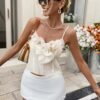 Women Apricot Ruffle Strap Cami Elegant Bow Applique Crop Top