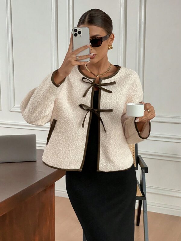 Women Tie Up Contrast Trim Bow Flannel Jacket Loose Fit Fall Winter Warm Long Sleeve