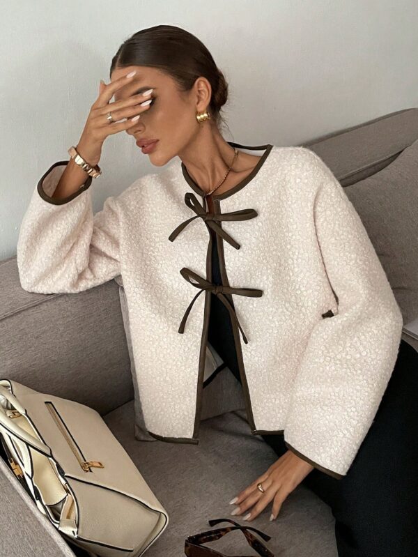Women Tie Up Contrast Trim Bow Flannel Jacket Loose Fit Fall Winter Warm Long Sleeve