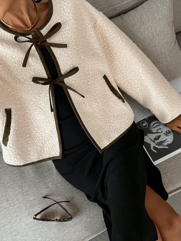 Women Tie Up Contrast Trim Bow Flannel Jacket Loose Fit Fall Winter Warm Long Sleeve