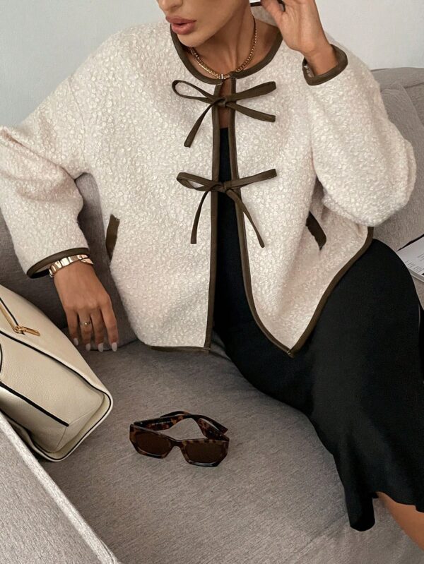 Women Tie Up Contrast Trim Bow Flannel Jacket Loose Fit Fall Winter Warm Long Sleeve