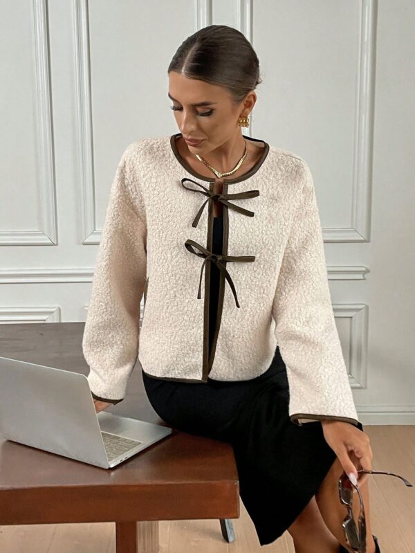 Women Tie Up Contrast Trim Bow Flannel Jacket Loose Fit Fall Winter Warm Long Sleeve